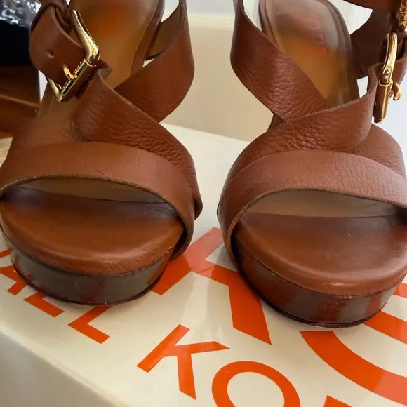 Kors Michael Kors Strappy Leather Cognac Gold Hardware Heels - Picture 3 of 7